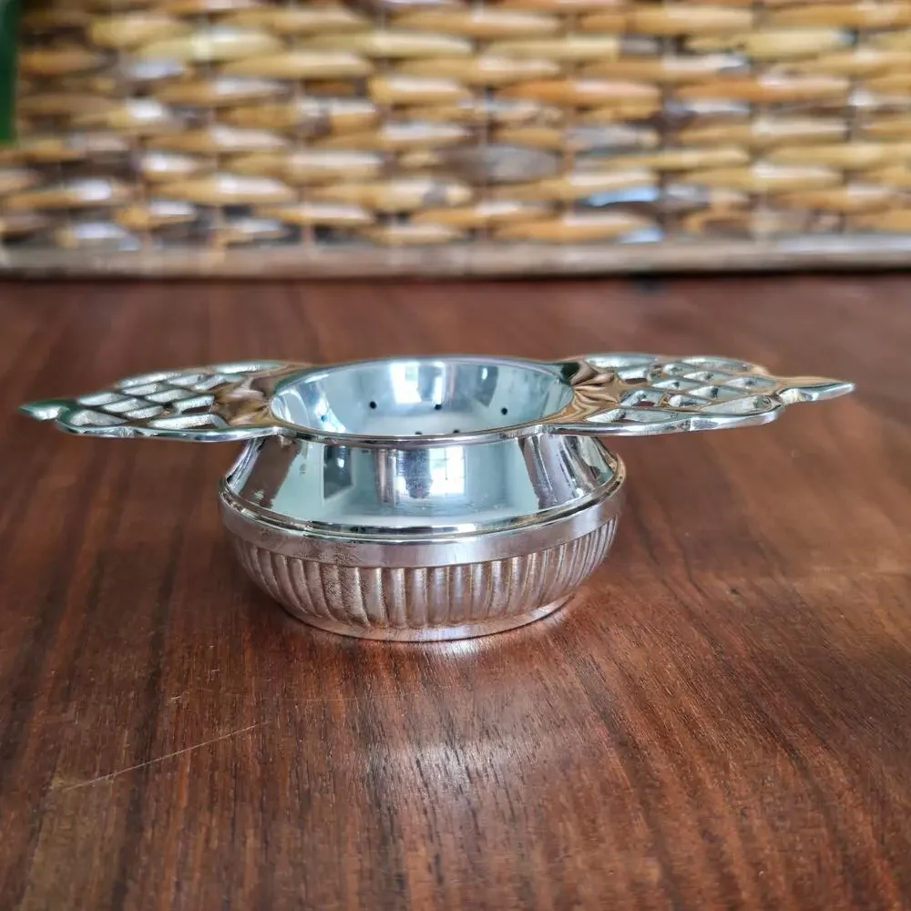 Vintage Silver Plated Tea Strainer Filigree Handles Drip Bowl Victorian Cottage